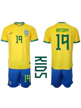 Brasilien Antony #19 Heimtrikotsatz für Kinder WM 2022 Kurzarm (+ Kurze Hosen)